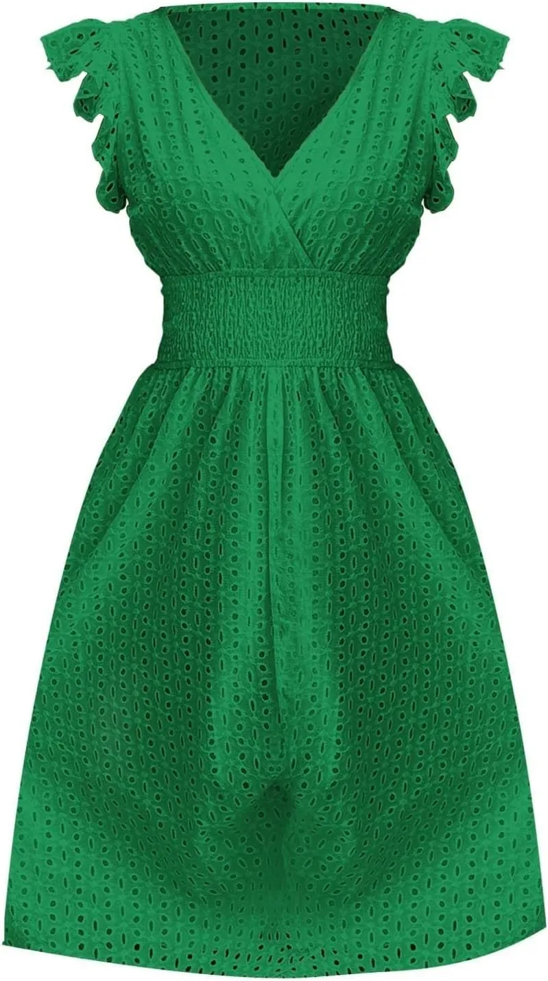 Eyelet Dress for Women Warp V Neck Ruffle Sleeve Lace Hollow Out Cinched Waist Solid Color Summer Beach Dresses