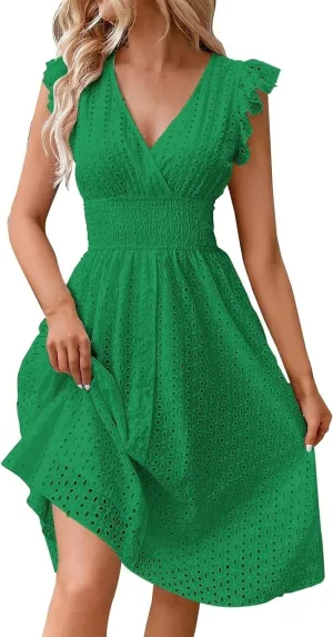 Eyelet Dress for Women Warp V Neck Ruffle Sleeve Lace Hollow Out Cinched Waist Solid Color Summer Beach Dresses