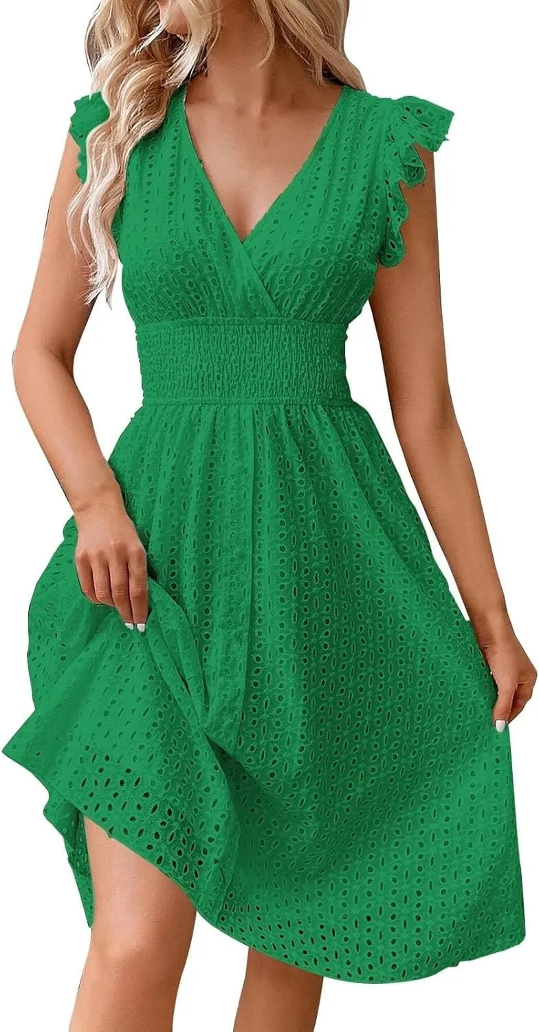 Eyelet Dress for Women Warp V Neck Ruffle Sleeve Lace Hollow Out Cinched Waist Solid Color Summer Beach Dresses