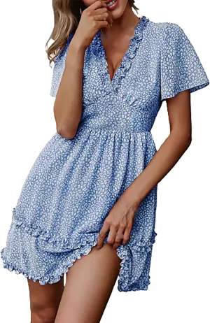Floral Dresses for Women 2025 Deep V Neck Short Sleeve Summer Dress Shirred Elastic Waist A-Line Tunic Mini Dress