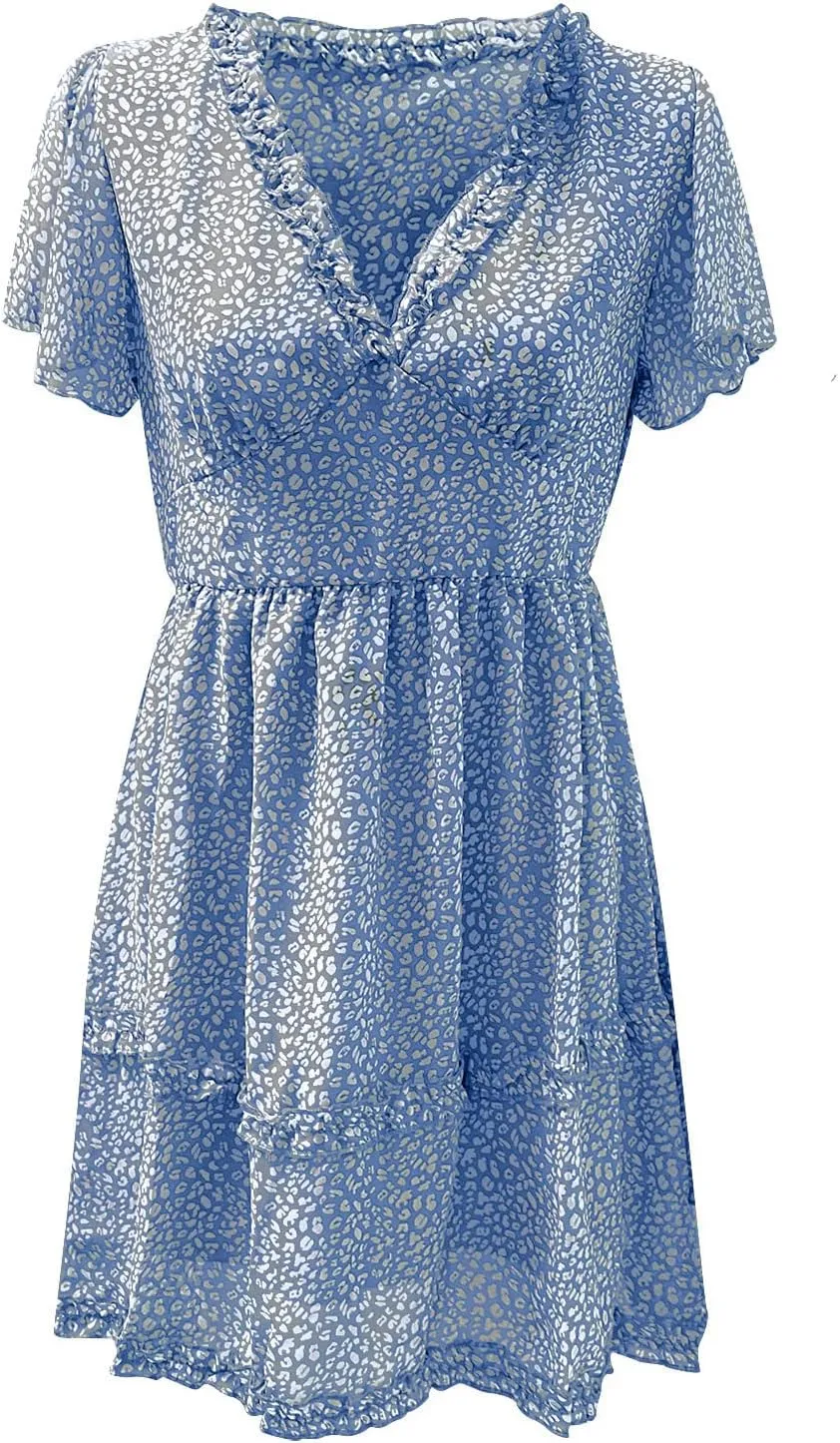 Floral Dresses for Women 2025 Deep V Neck Short Sleeve Summer Dress Shirred Elastic Waist A-Line Tunic Mini Dress