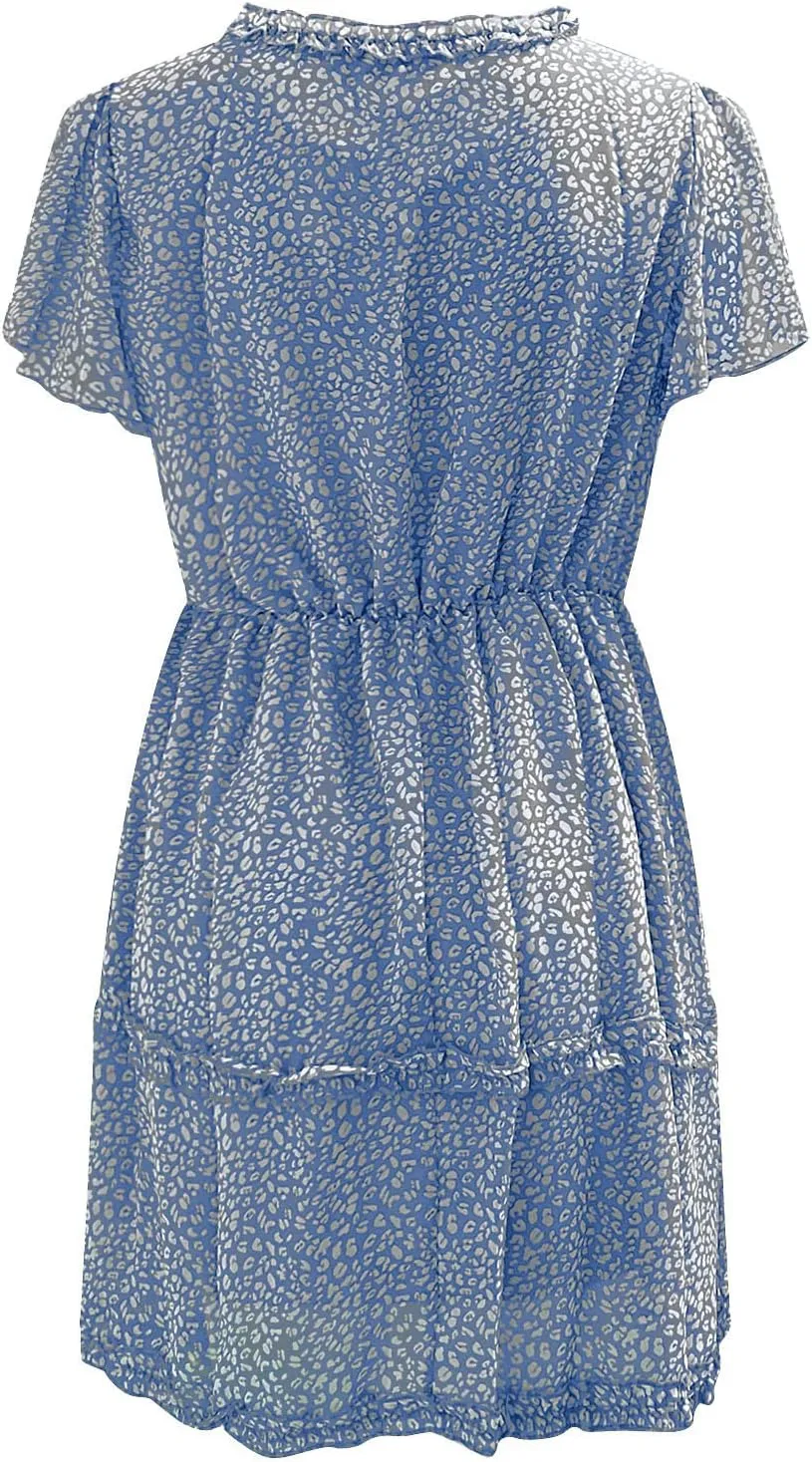 Floral Dresses for Women 2025 Deep V Neck Short Sleeve Summer Dress Shirred Elastic Waist A-Line Tunic Mini Dress