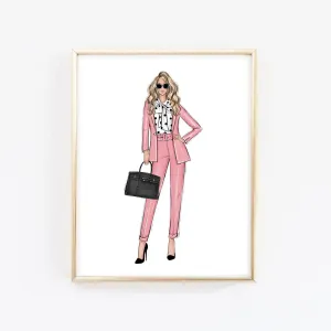 Girl boss in pink suit art print fashion illustration