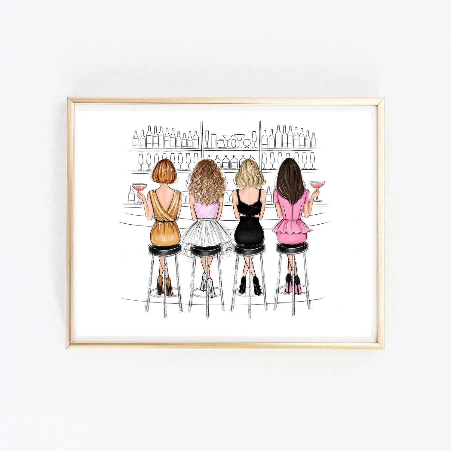 Girls in the city fashion illustration, best friends in the bar art print