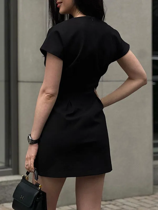 High Waisted Raglan Sleeve Pleated Solid Color Round-Neck Mini Dresses