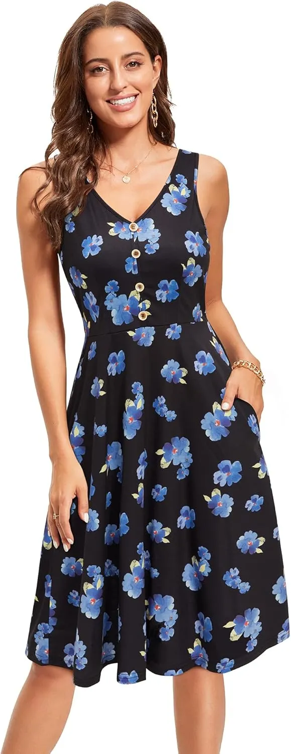 II ININ Women's 2025 Sundresses Casual Summer Tank Dress V Neck Sleeveless Button Down Midi Floral Beach Dress with Pockets