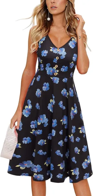II ININ Women's 2025 Sundresses Casual Summer Tank Dress V Neck Sleeveless Button Down Midi Floral Beach Dress with Pockets