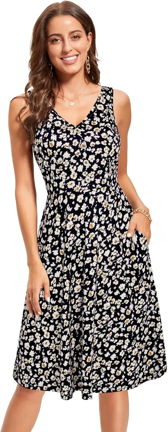 II ININ Women's 2025 Sundresses Casual Summer Tank Dress V Neck Sleeveless Button Down Midi Floral Beach Dress with Pockets