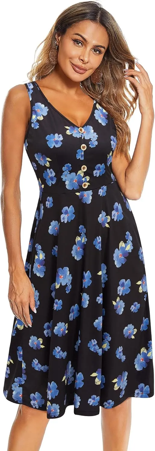 II ININ Women's 2025 Sundresses Casual Summer Tank Dress V Neck Sleeveless Button Down Midi Floral Beach Dress with Pockets