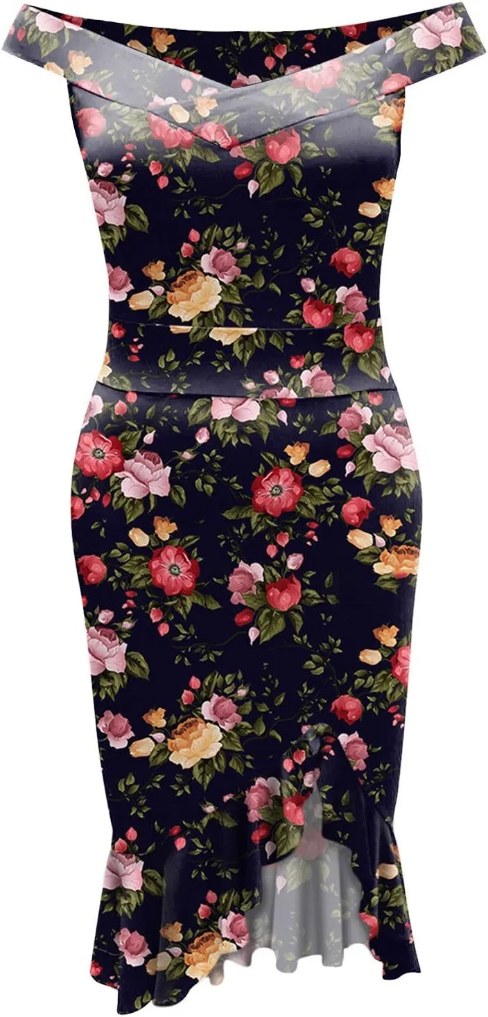 iQKA Women Sexy Cocktail Dress Ruffle Hem Sling Dresses Floral Print V Neck Sleeveless Pencil Dress Vestidos