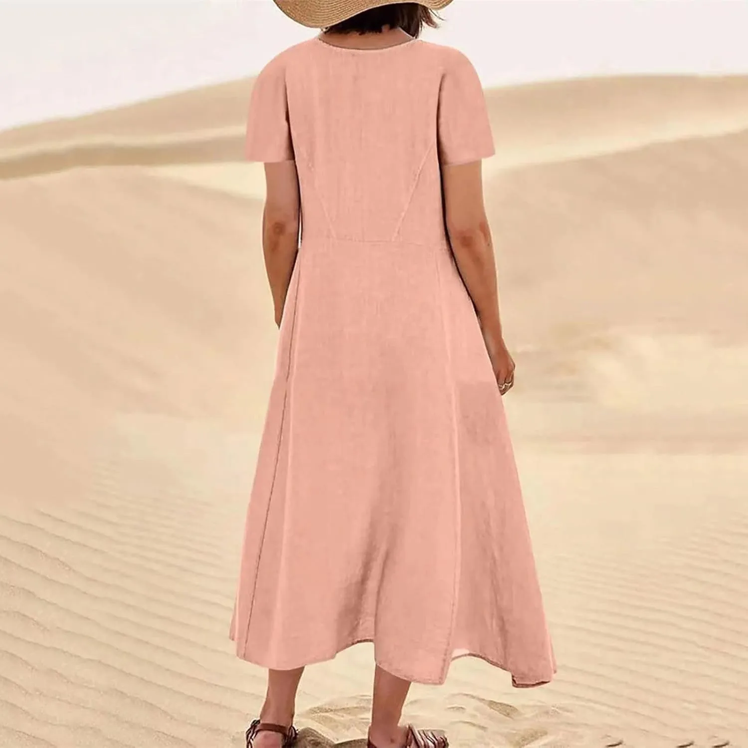 Juejuezi Summer Dresses for Women 2023 Cute Short Sleeve Fashion Beach Dress Linen Waist Tiered Classy Vacation Casual