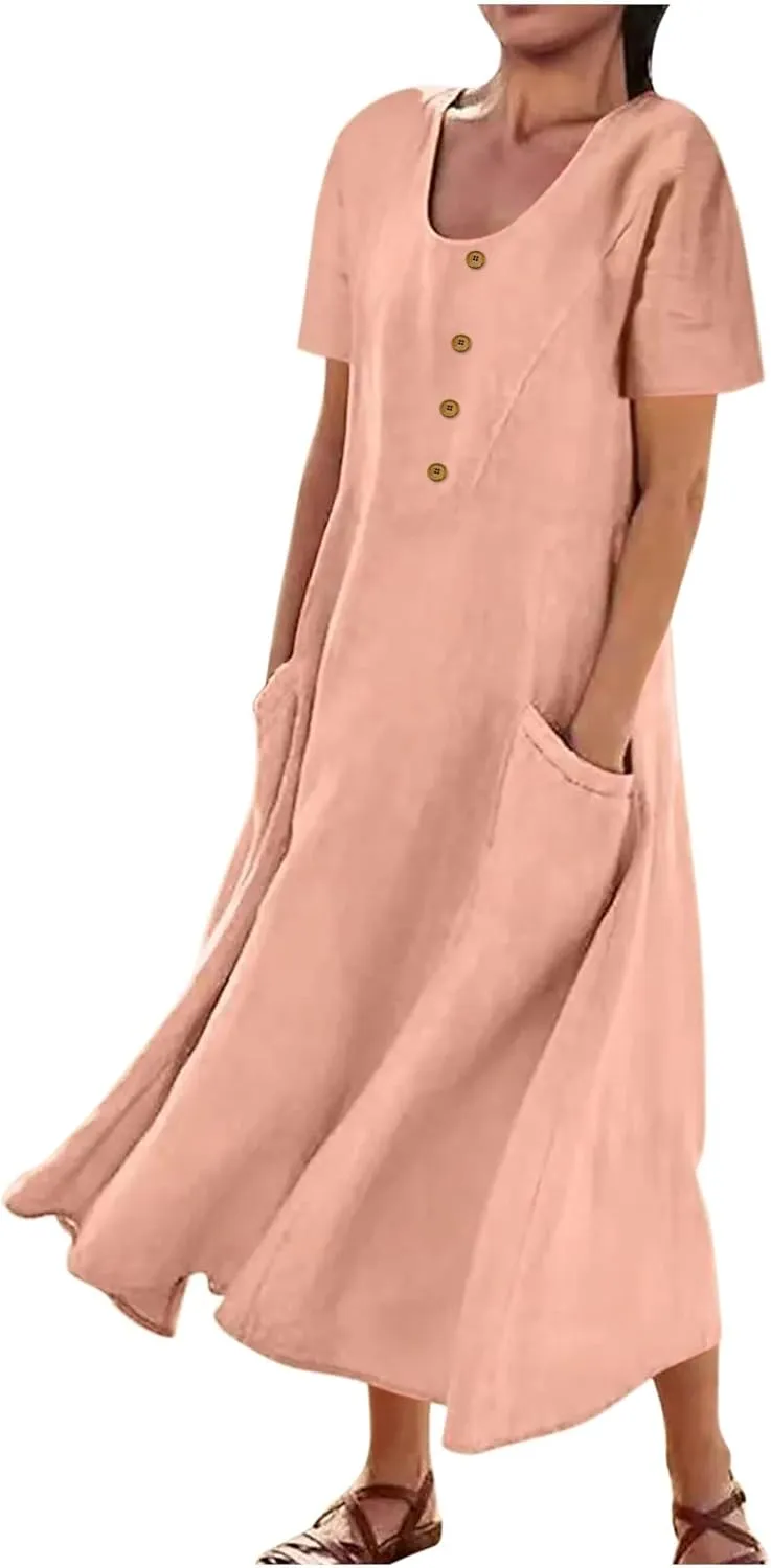Juejuezi Summer Dresses for Women 2023 Cute Short Sleeve Fashion Beach Dress Linen Waist Tiered Classy Vacation Casual