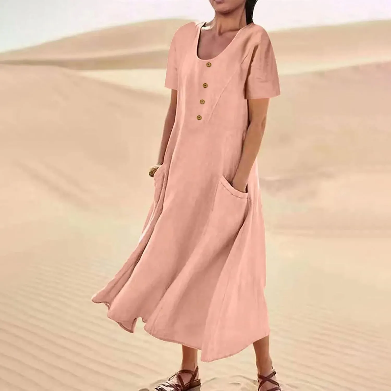 Juejuezi Summer Dresses for Women 2023 Cute Short Sleeve Fashion Beach Dress Linen Waist Tiered Classy Vacation Casual