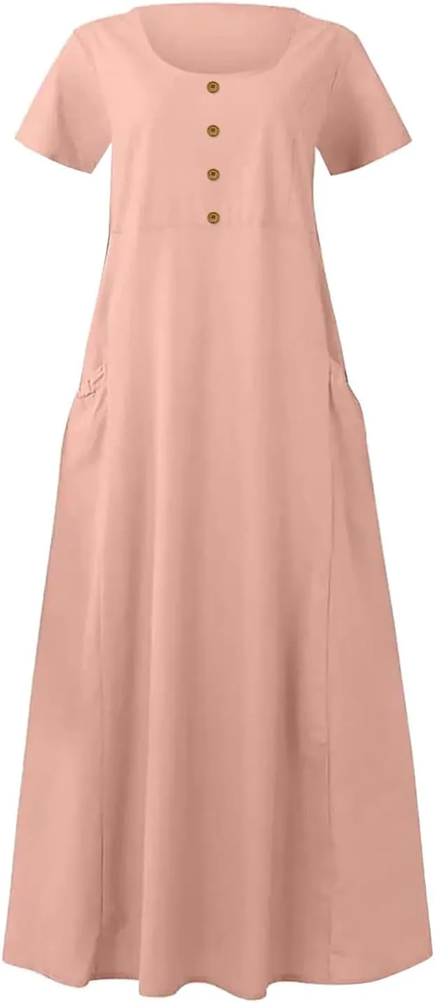 Juejuezi Summer Dresses for Women 2023 Cute Short Sleeve Fashion Beach Dress Linen Waist Tiered Classy Vacation Casual