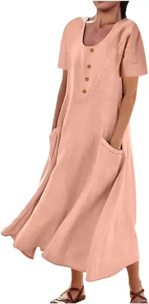 Juejuezi Summer Dresses for Women 2023 Cute Short Sleeve Fashion Beach Dress Linen Waist Tiered Classy Vacation Casual
