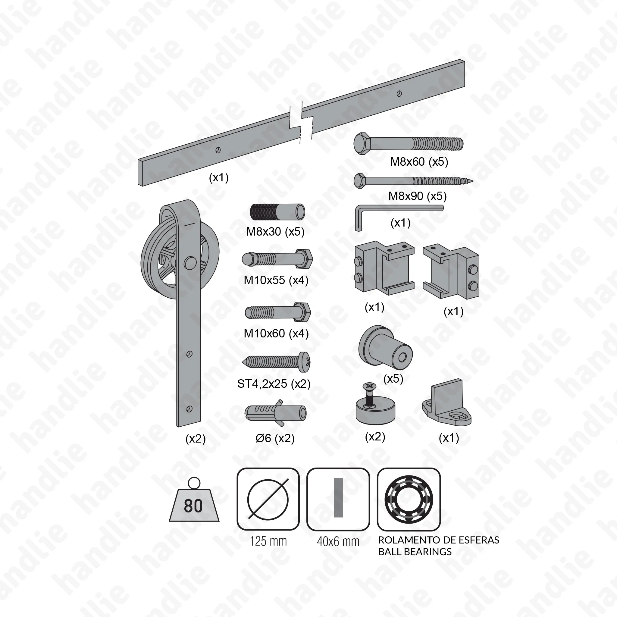 KIT.989.06 - Rustico Timber / SF - RUSTICO 80G  - até 80kg por porta - Portas até 1,5m - 1 Folha | SAHECO