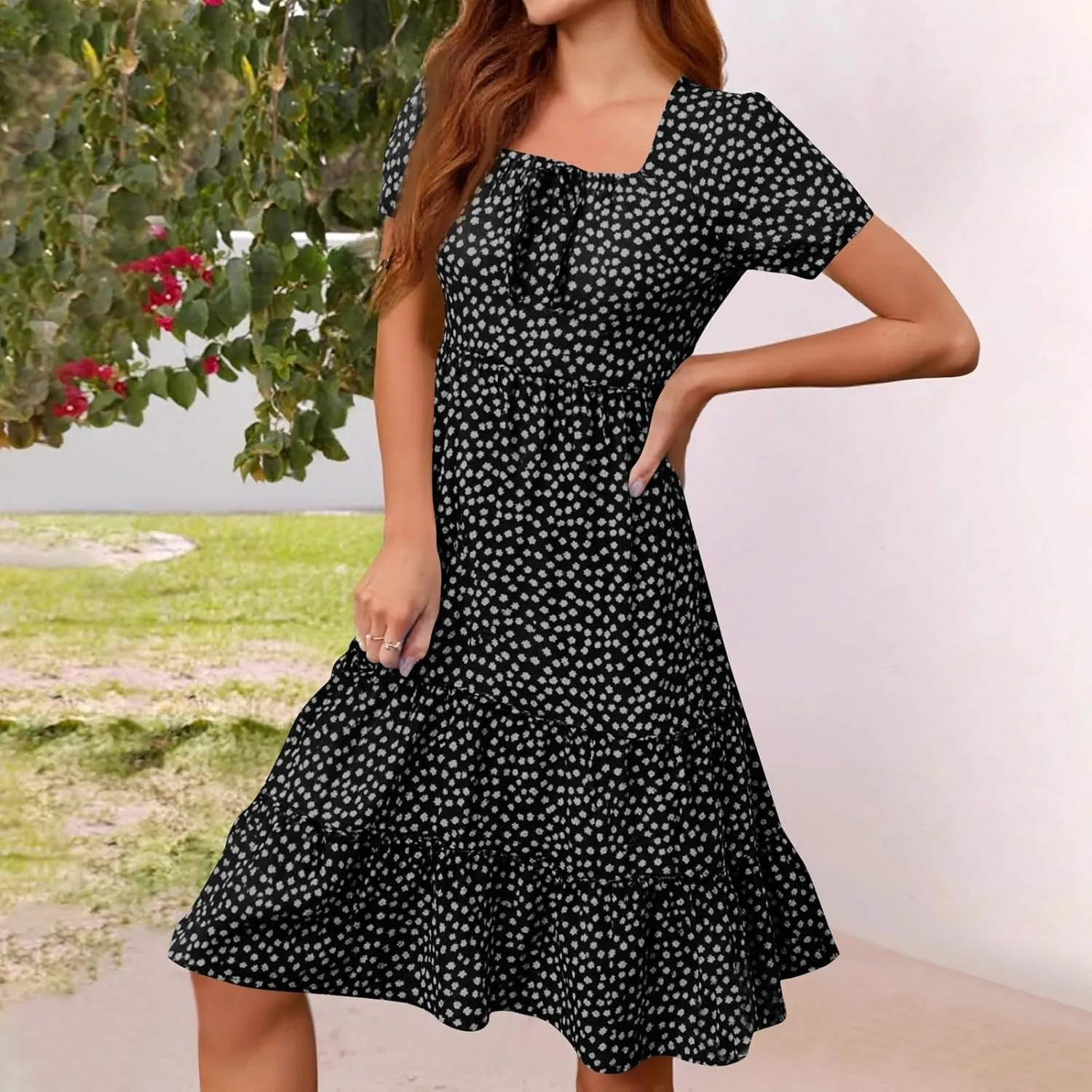 Knee Length Dress for Women 2025 Summer Boho Floral Short Sleeve Casual Square Neck A-Line Flowy Tiered Ruffle Sundress