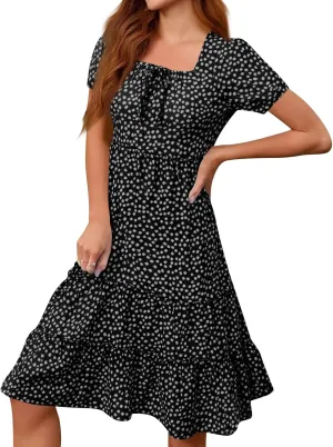 Knee Length Dress for Women 2025 Summer Boho Floral Short Sleeve Casual Square Neck A-Line Flowy Tiered Ruffle Sundress