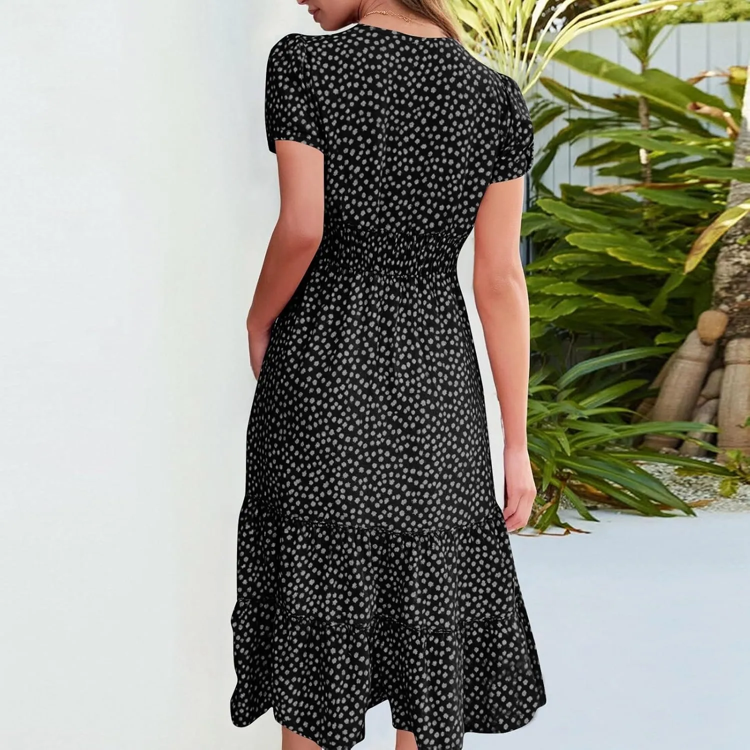 Knee Length Dress for Women 2025 Summer Boho Floral Short Sleeve Casual Square Neck A-Line Flowy Tiered Ruffle Sundress