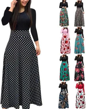 Long Sleeve Maxi Dress for Women 2024 Spring Summer Boho Floral Print Plus Size Floor Length Dress Casual Long Sundresses