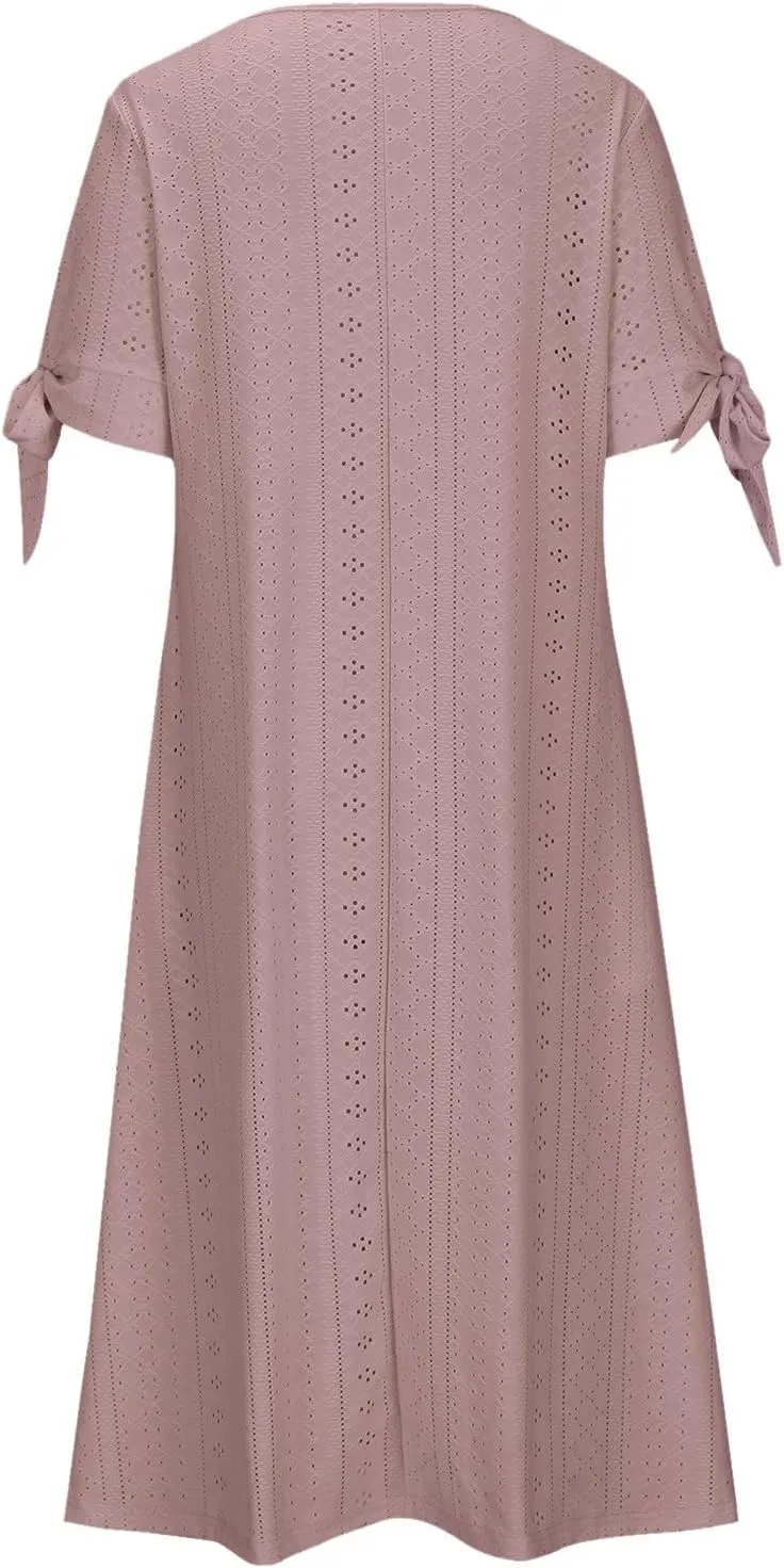 Maxi Dresses for Seniors 2025 Trendy Short Sleeve Boho Eyelet Tshirt Dress Casual Summer Beach Vacation Sundress