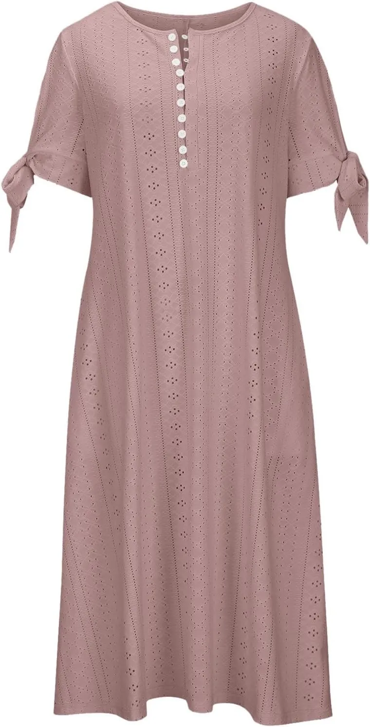 Maxi Dresses for Seniors 2025 Trendy Short Sleeve Boho Eyelet Tshirt Dress Casual Summer Beach Vacation Sundress