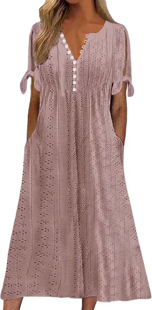 Maxi Dresses for Seniors 2025 Trendy Short Sleeve Boho Eyelet Tshirt Dress Casual Summer Beach Vacation Sundress