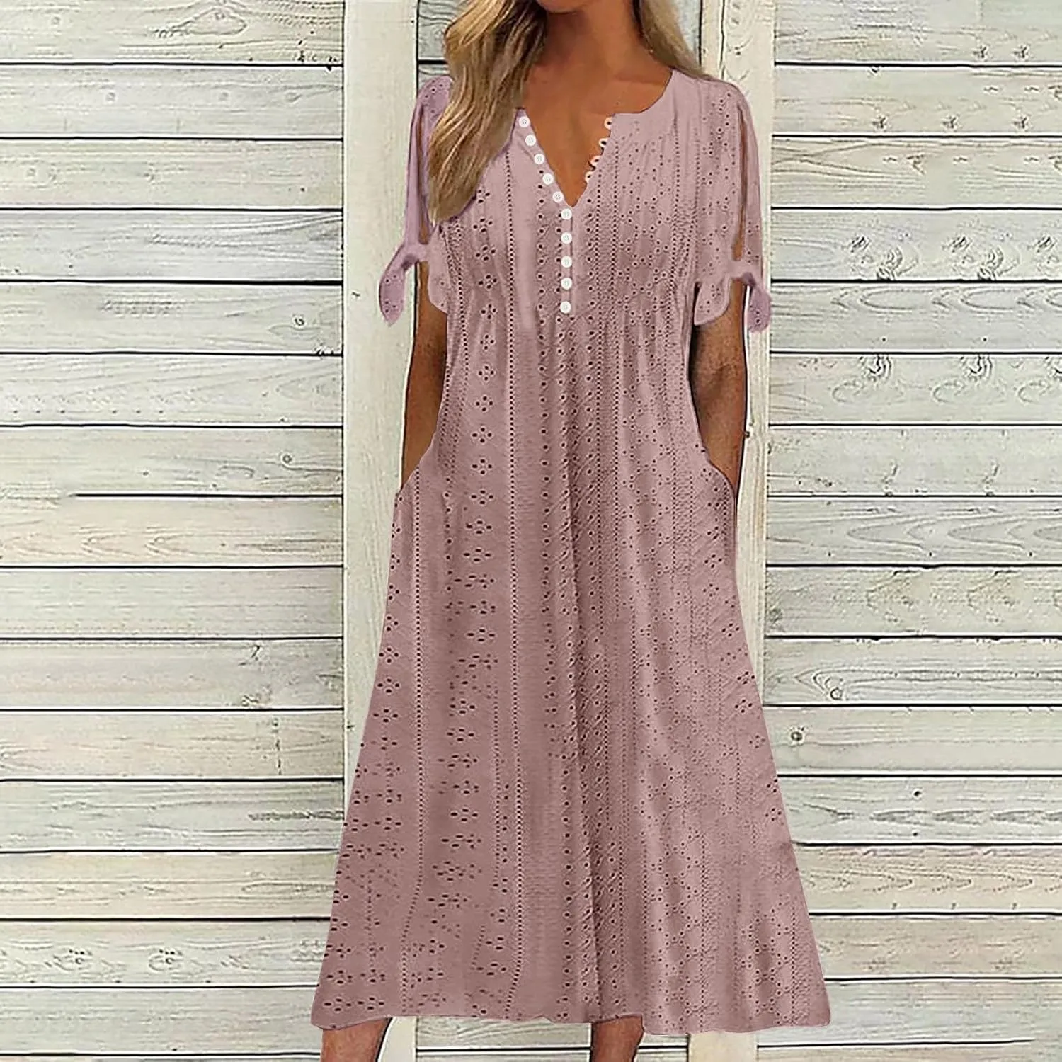 Maxi Dresses for Seniors 2025 Trendy Short Sleeve Boho Eyelet Tshirt Dress Casual Summer Beach Vacation Sundress