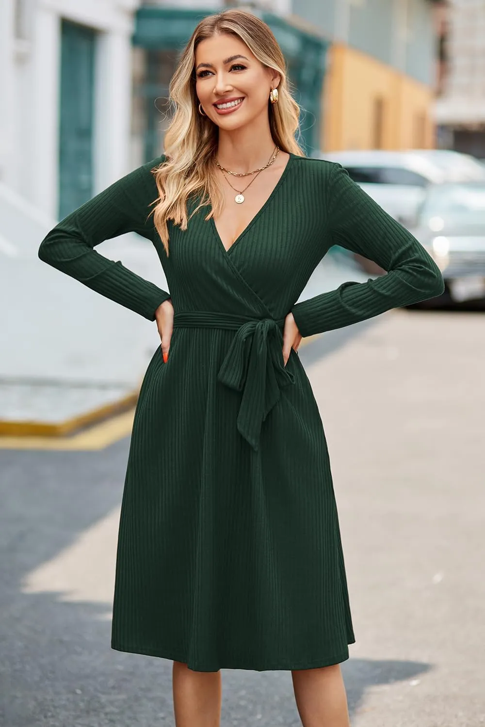 Newshows Womens 2024 Fall Sweater Dress Long Sleeve Business Casual Outfits V Neck Ribbed Knit Belt Trendy with Pockets