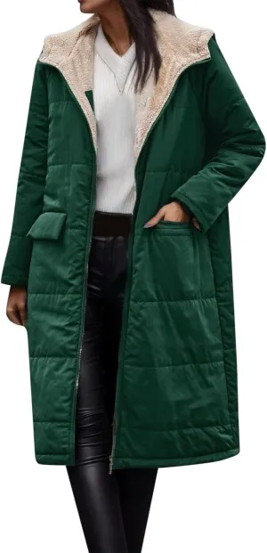 PeQAQ Womens Warm 2023 Winter Coats Reversible Sherpa Fleece Trench Coat Long Fleece Hooded Jackets Trendy Outerwear Overcoat
