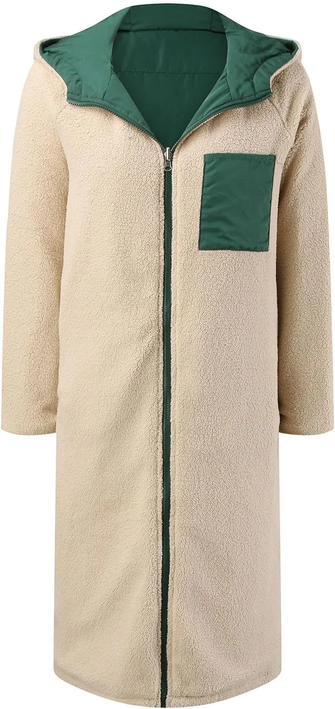 PeQAQ Womens Warm 2023 Winter Coats Reversible Sherpa Fleece Trench Coat Long Fleece Hooded Jackets Trendy Outerwear Overcoat