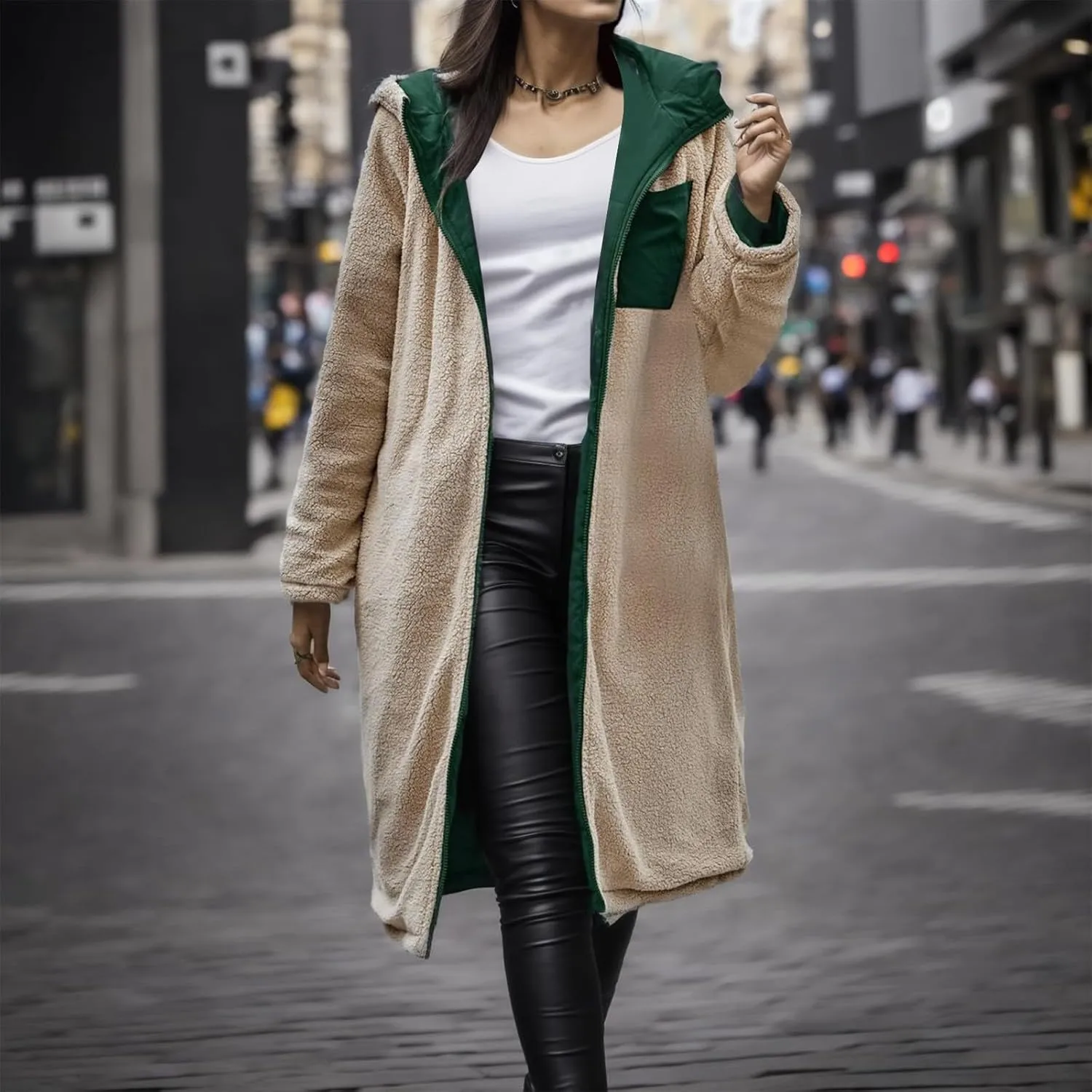 PeQAQ Womens Warm 2023 Winter Coats Reversible Sherpa Fleece Trench Coat Long Fleece Hooded Jackets Trendy Outerwear Overcoat