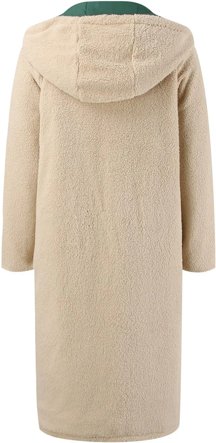 PeQAQ Womens Warm 2023 Winter Coats Reversible Sherpa Fleece Trench Coat Long Fleece Hooded Jackets Trendy Outerwear Overcoat