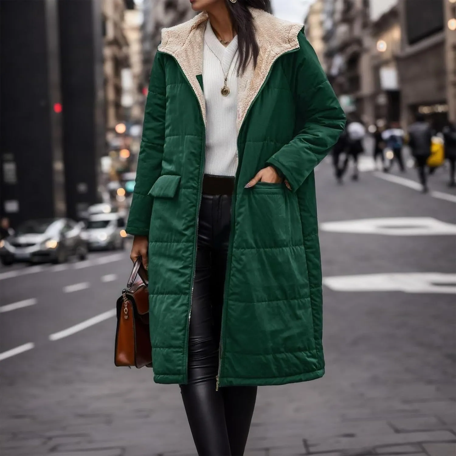 PeQAQ Womens Warm 2023 Winter Coats Reversible Sherpa Fleece Trench Coat Long Fleece Hooded Jackets Trendy Outerwear Overcoat