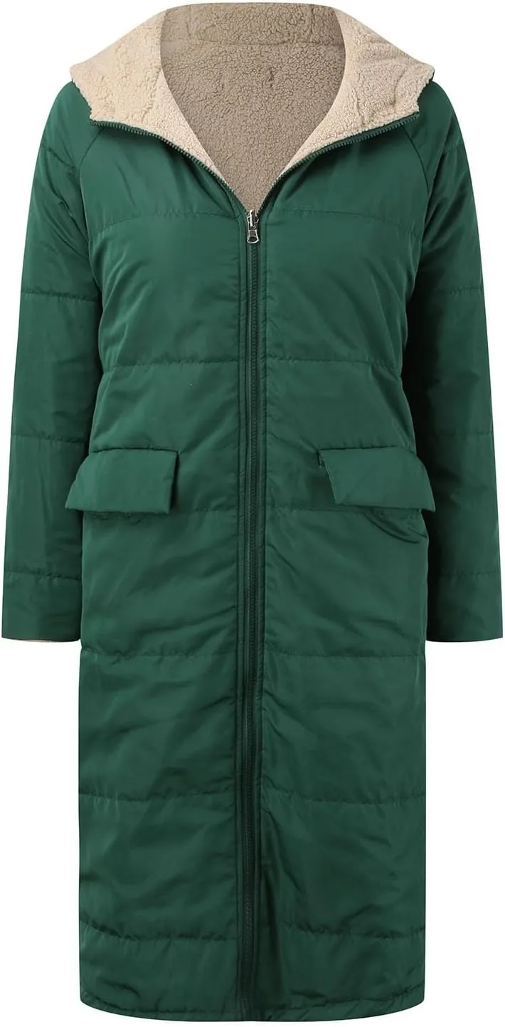 PeQAQ Womens Warm 2023 Winter Coats Reversible Sherpa Fleece Trench Coat Long Fleece Hooded Jackets Trendy Outerwear Overcoat