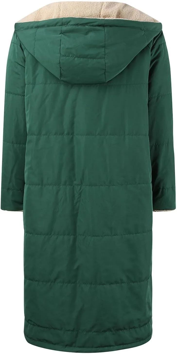 PeQAQ Womens Warm 2023 Winter Coats Reversible Sherpa Fleece Trench Coat Long Fleece Hooded Jackets Trendy Outerwear Overcoat