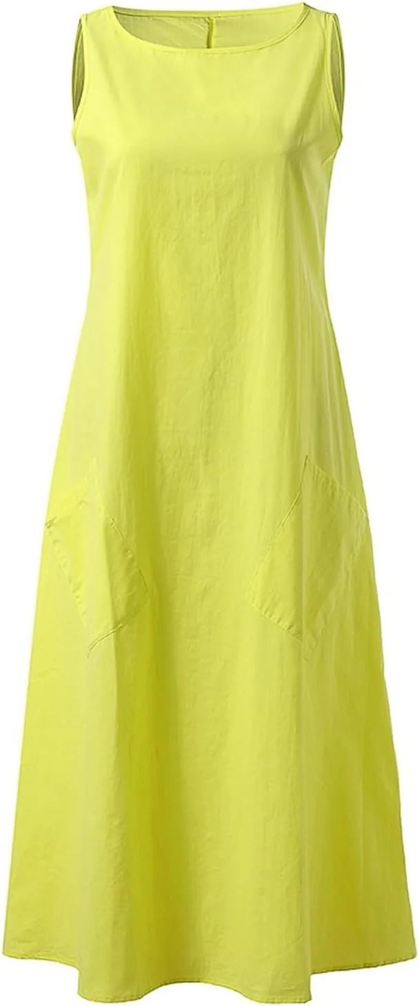 Rvidbe Women Summer Casual Cotton Linen Sleeveless Maxi Dress Crew Neck Vacation Beach Flowy Long Tank Sundress with Pockets
