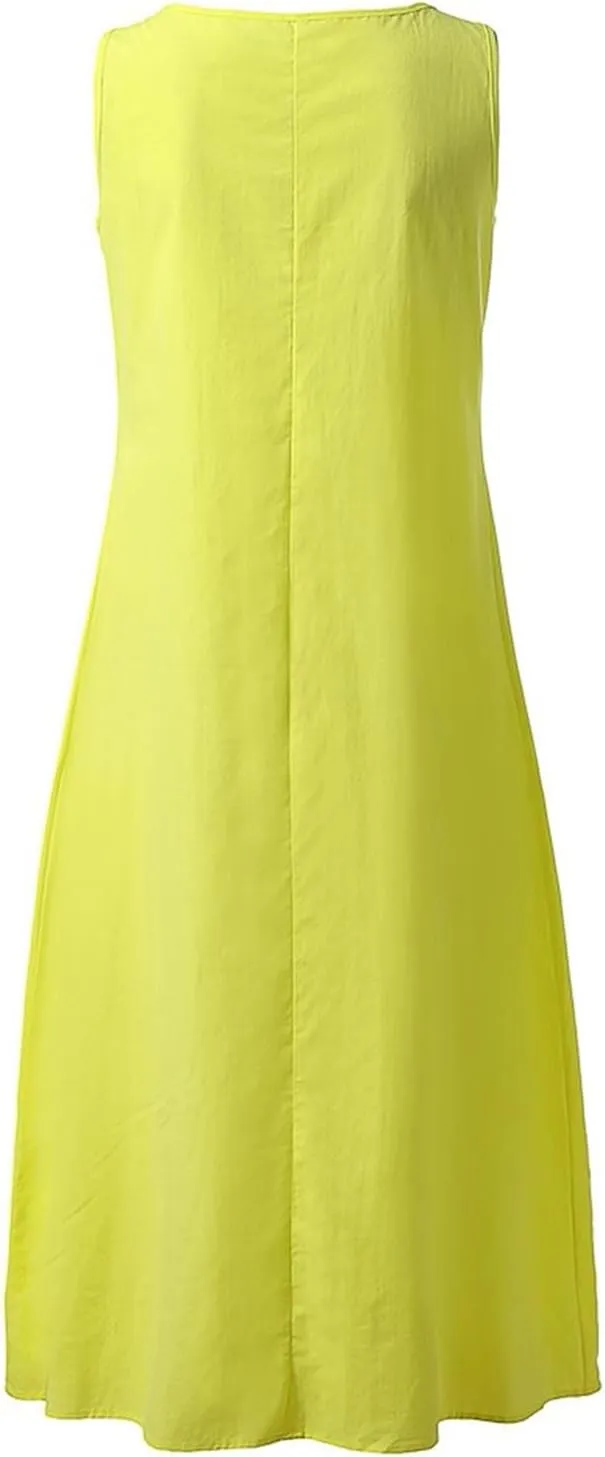 Rvidbe Women Summer Casual Cotton Linen Sleeveless Maxi Dress Crew Neck Vacation Beach Flowy Long Tank Sundress with Pockets