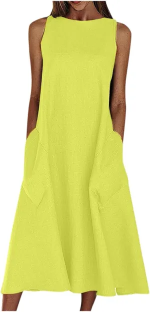 Rvidbe Women Summer Casual Cotton Linen Sleeveless Maxi Dress Crew Neck Vacation Beach Flowy Long Tank Sundress with Pockets