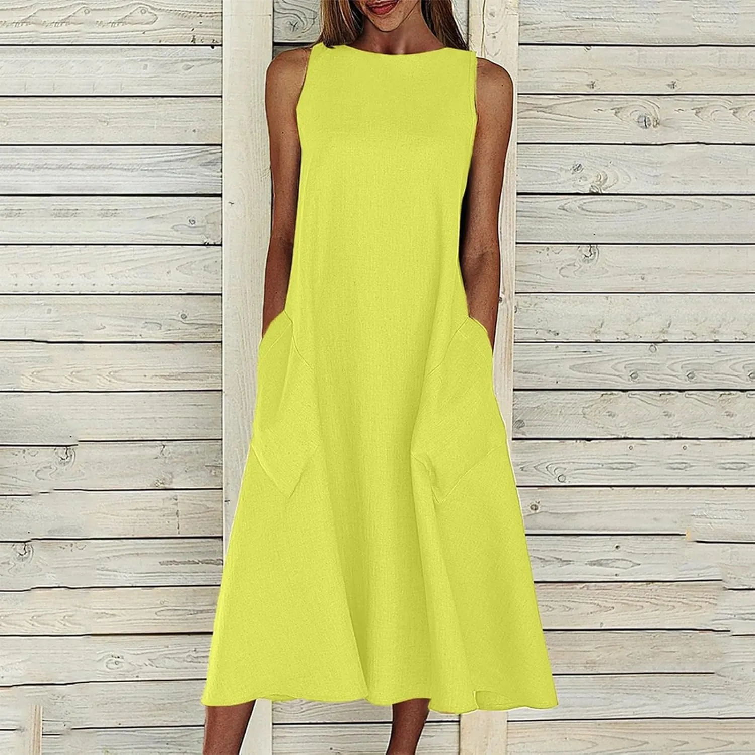 Rvidbe Women Summer Casual Cotton Linen Sleeveless Maxi Dress Crew Neck Vacation Beach Flowy Long Tank Sundress with Pockets