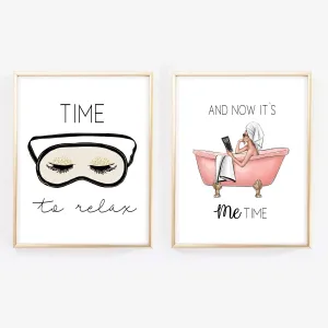 SET OF 2 PRINTS Me time relax in  bathroom fashion illustration