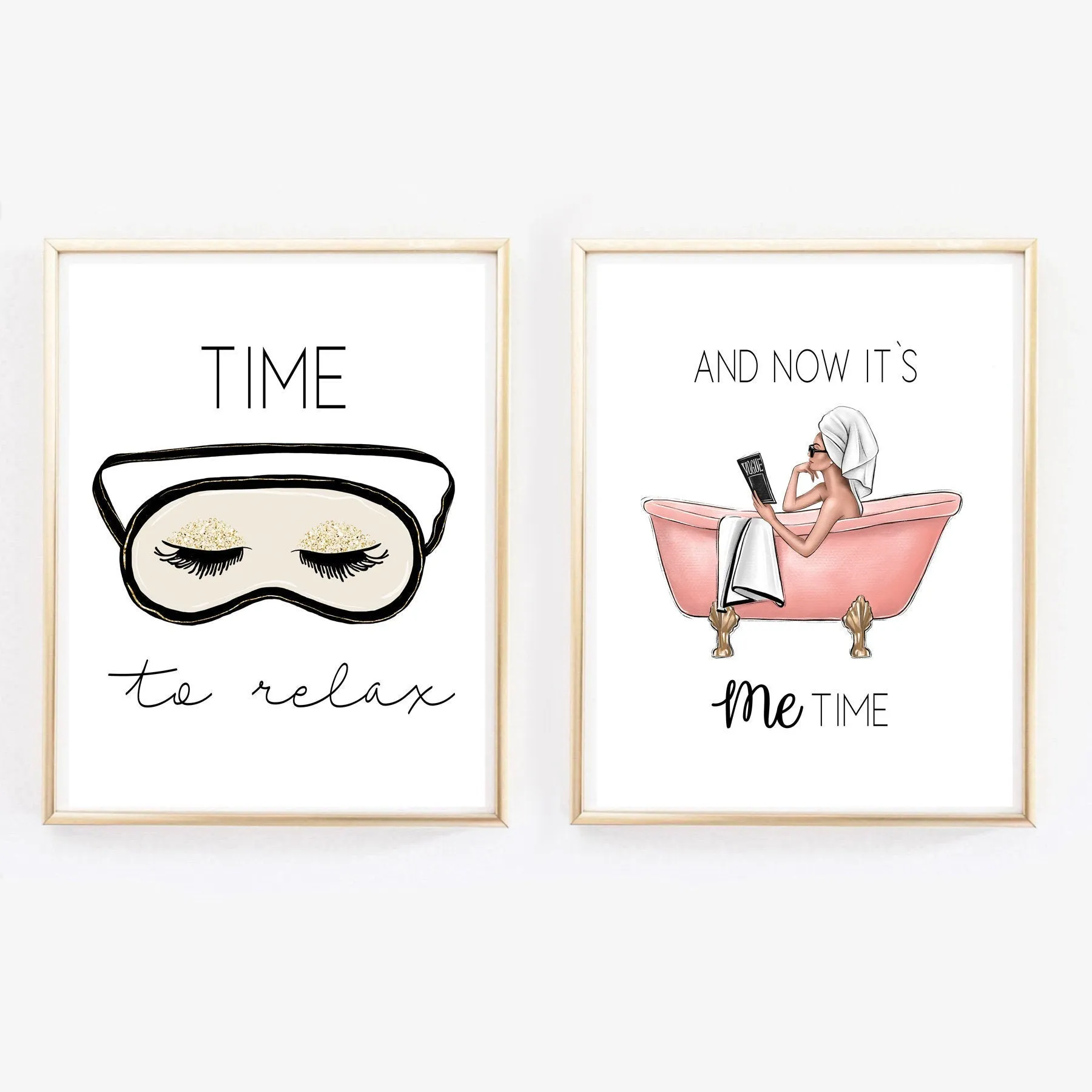 SET OF 2 PRINTS Me time relax in  bathroom fashion illustration