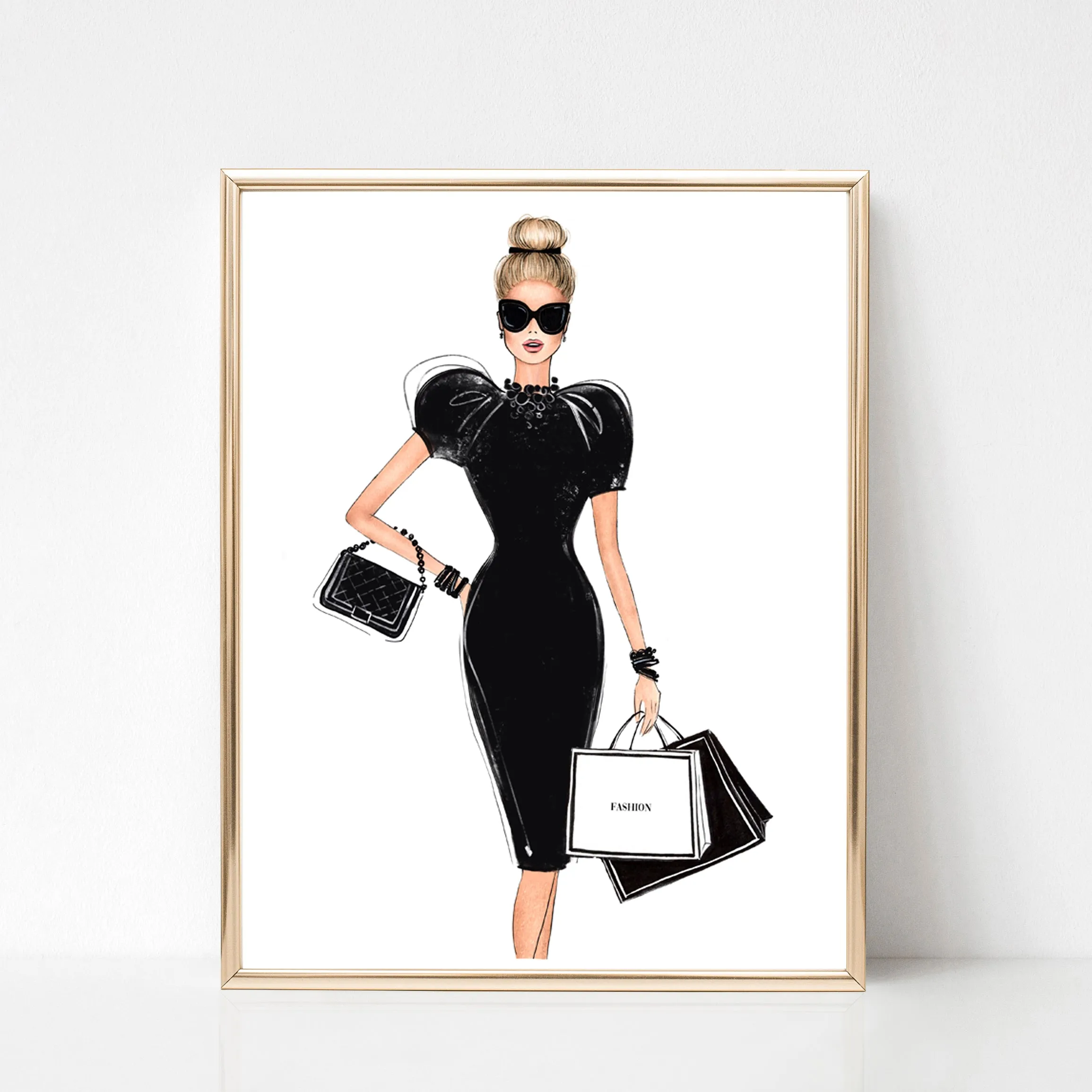 SET OF 4 ART PRINTS girly fashion illustrations in black and pink tones