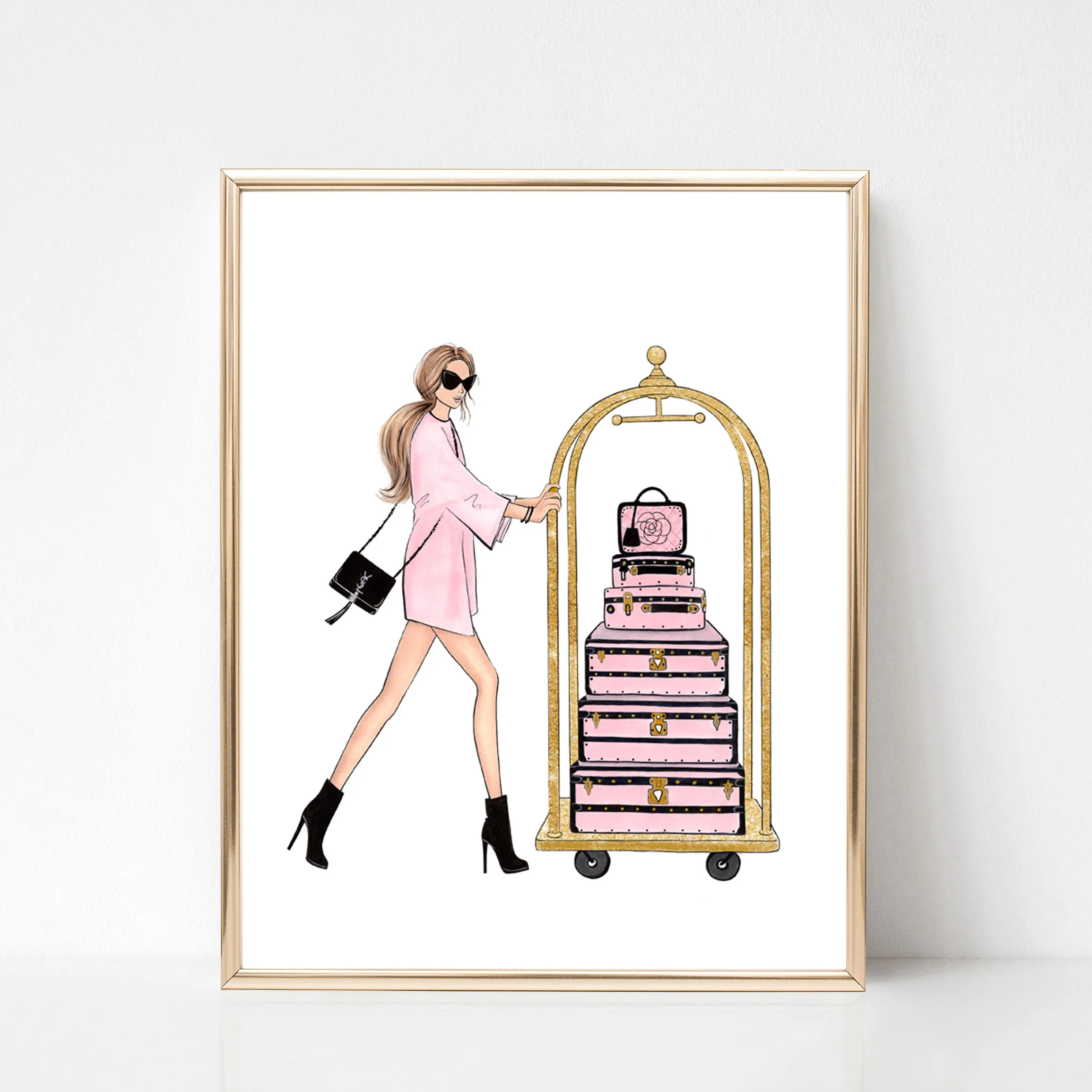 SET OF 4 ART PRINTS girly fashion illustrations in black and pink tones