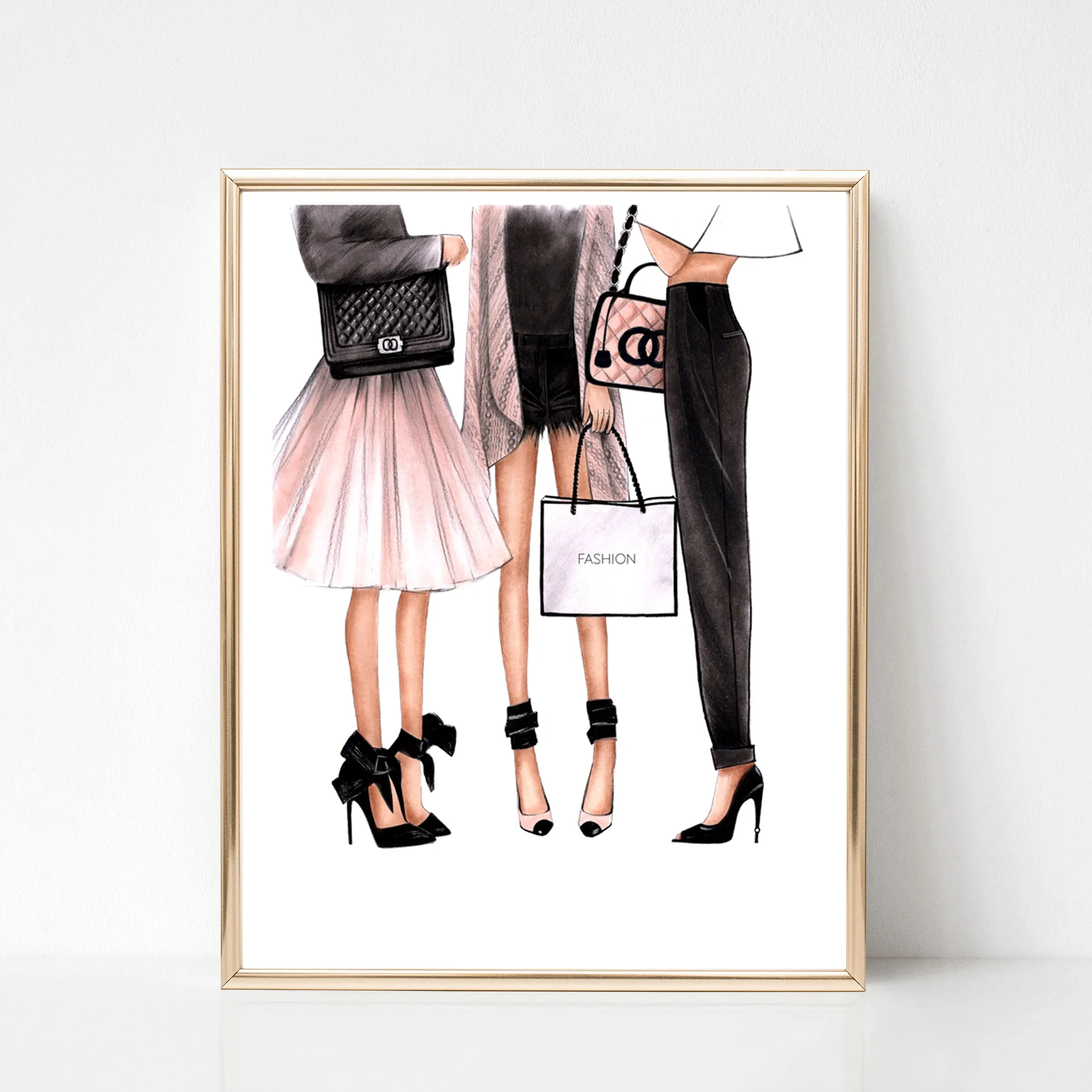 SET OF 4 ART PRINTS girly fashion illustrations in black and pink tones