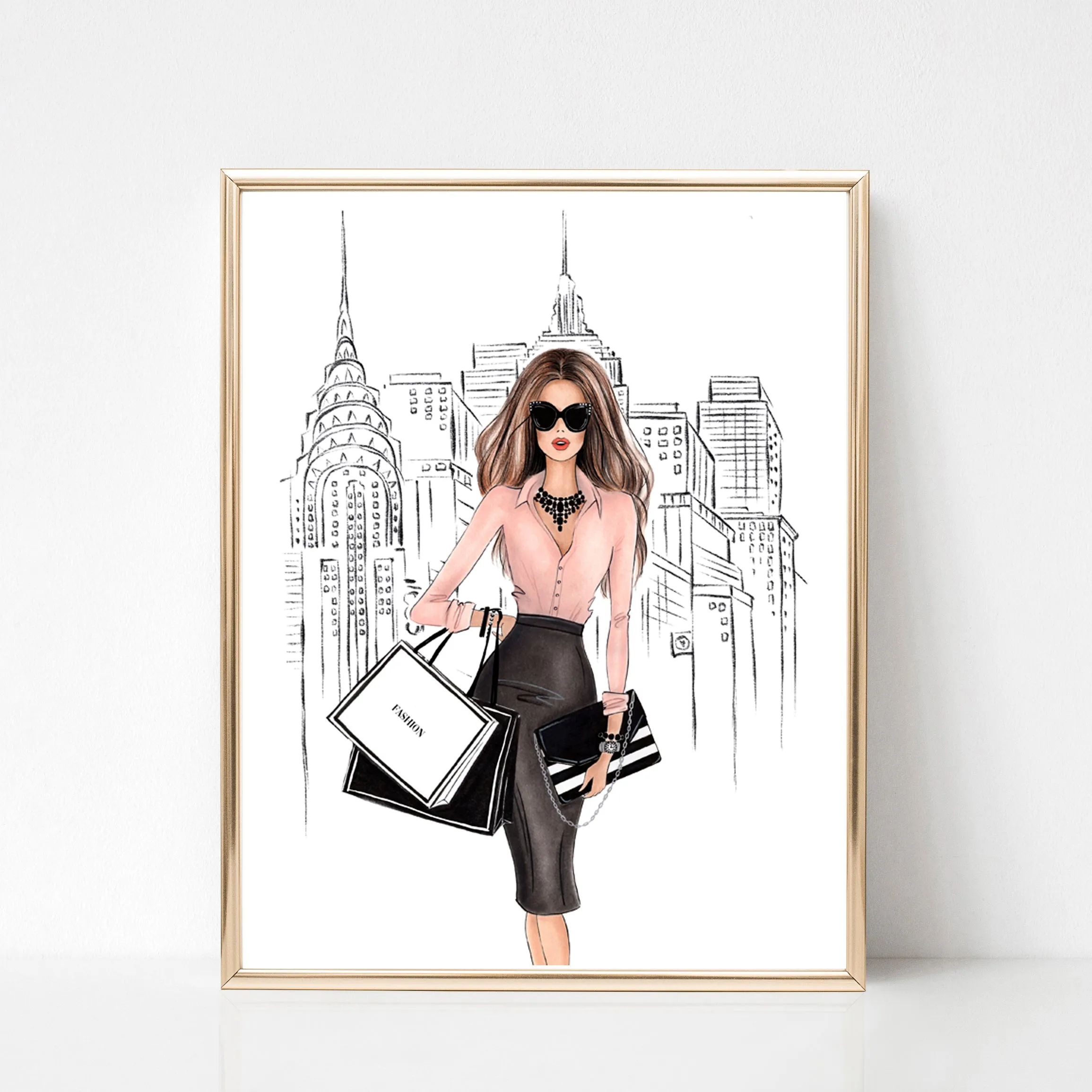 SET OF 4 ART PRINTS girly fashion illustrations in black and pink tones