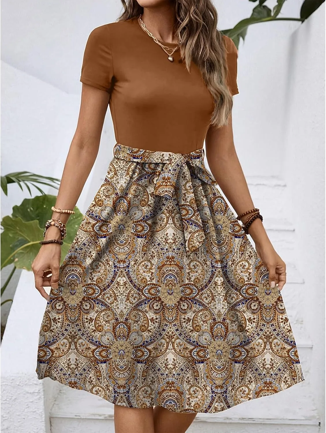 Short Sleeve Dress for Women Summer Empire Waist Belted Floral Dresses Flowy Crewneck Midi Length Women's Sundresses