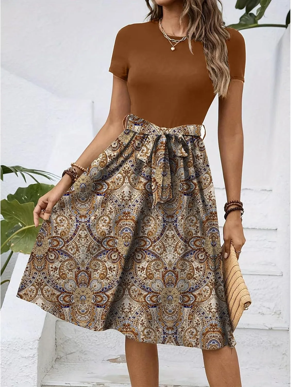 Short Sleeve Dress for Women Summer Empire Waist Belted Floral Dresses Flowy Crewneck Midi Length Women's Sundresses