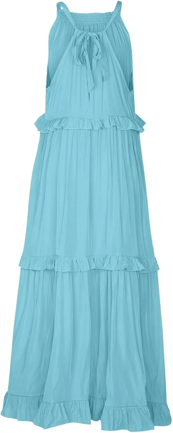 Smocked Dress Women Summer Sleeveless Tank Dresses Halter Tie Back Flowy Ruffle Tiered Maxi Dress with Pockets