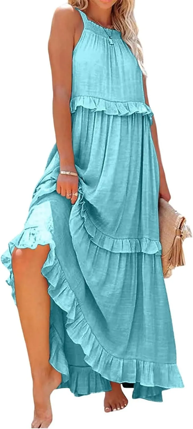 Smocked Dress Women Summer Sleeveless Tank Dresses Halter Tie Back Flowy Ruffle Tiered Maxi Dress with Pockets